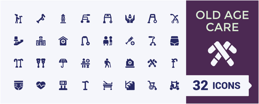 Old age care filled icons collection. Related to Elderly Care, senior healthcare, rehabilitation, nursing, patient monitoring, therapy, social care. Filled vector icons set.