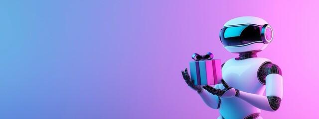 Works in neon light holding a gift box on a dark background with copy space. The concept of Cyber Monday.