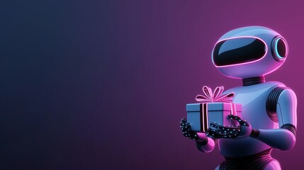 Works in neon light holding a gift box on a dark background with copy space. The concept of Cyber Monday.