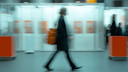 Blurred Figure Walking Past Job Fair Booths
