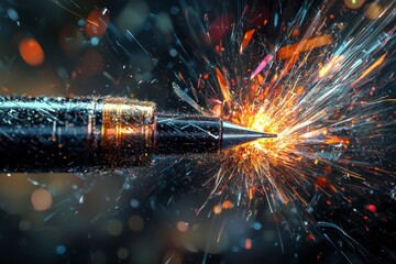 A pen hovering in space, emitting sharp, angular lines that fracture into abstract shards of light and shadow. 