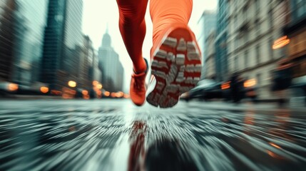 Fototapeta premium Captured from the back view, a runner's feet in red sneakers are in mid-motion, gracefully skimming across a wet city street, embodying focus and perseverance.