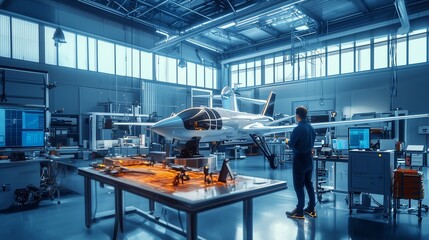 Aircraft model in a hangar with engineers, showcasing aerospace engineering and innovation.