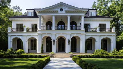 Obraz premium A two-story house with classic architecture, featuring elegant balconies and large windows. The design is timeless, with intricate details and a charming blend of traditional style and spacious living