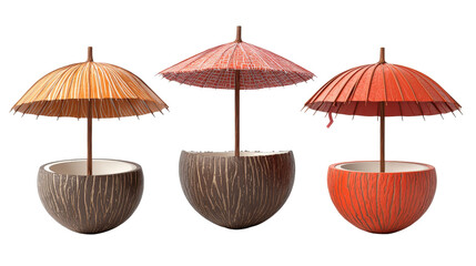 Colorful decorative mini umbrellas, white background, transparent background