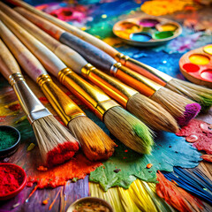 Fototapeta premium Brightly colored paintbrushes are dipped in vivid hues and laid out