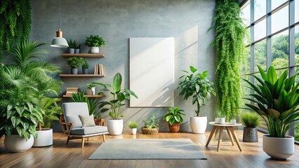 Minimalistic Room Interior Design with Large Mockup Canvas and Indoor Plants, Perfect for Text or Product Placement in Modern Home Decor