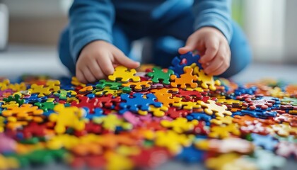 Child engaging in colorful puzzle play indoors on a sunny afternoon