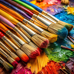 Brightly colored paintbrushes are dipped in vivid hues and laid out