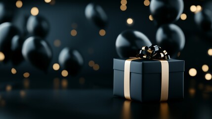 Box with a gift, present and a bunch of balloons on a black background with copy space.  Black Friday poster, banner concept.  Sale.