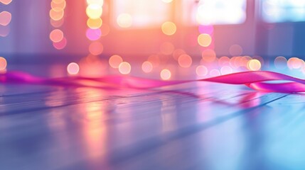 Dynamic dance and fitness tools on a gym floor with a blurred backdrop, featuring creative training equipment for rhythmic movement in a close-up view