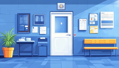 A bright and modern waiting area in a hospital with plants and informational displays