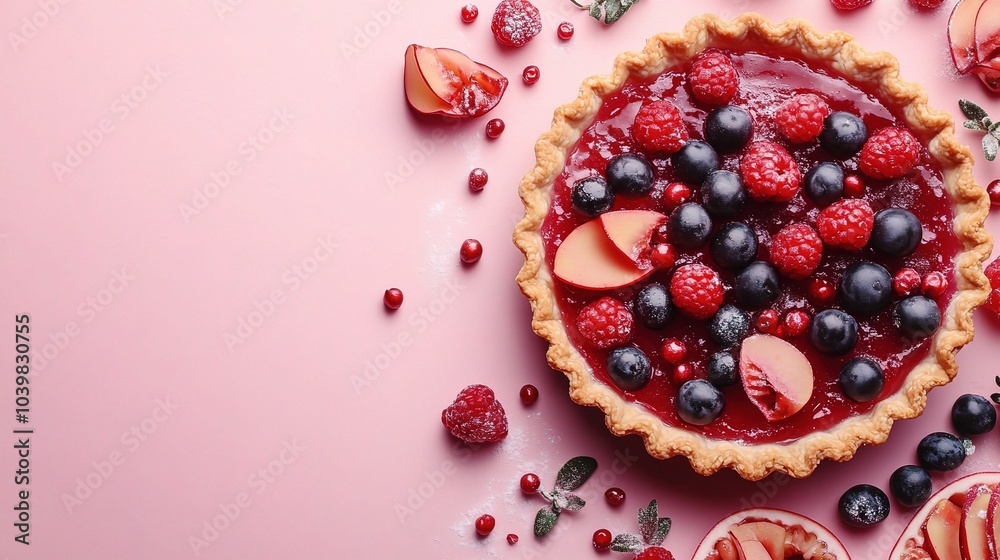 Canvas Prints Fresh Fruit Tart with Berries and Slices on Pink Background