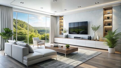 Modern White Living Room Interior with Flat Screen Television, Home Cinema System, Stylish Furniture, Natural Light, Contemporary Design, Minimalist Decor, Cozy Ambiance, Open Space Layout