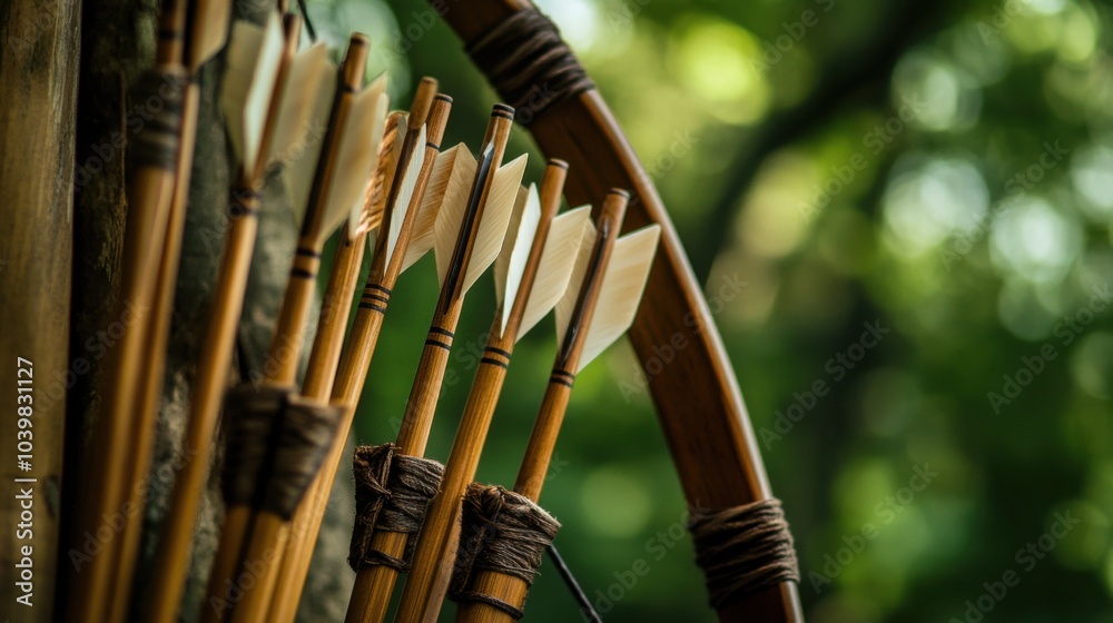 Poster An intricate archery range setup, Bow and arrows neatly arranged against a forest backdrop, Traditional craftsmanship style