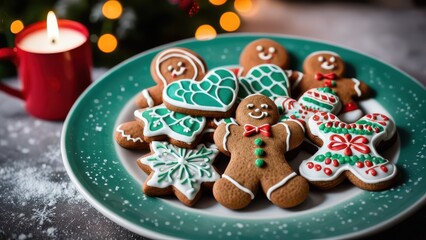 Obraz premium Close-up of gingerbread cookies arranged on a plate, detailed icing designs with red, green, and white colors