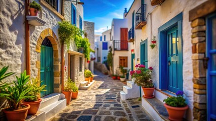Fototapeta premium Narrow Street in Nikia Village, Nisyros Island, Greece - Tilt-Shift Photography of Charming Architecture and Vibrant Colors in the Dodecanese, Cobblestone Paths, Quaint Houses, Scenic Views