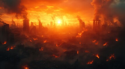 Obraz premium A dystopian cityscape engulfed in flames at sunset.