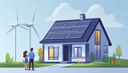 Couple admiring energy-efficient home with solar panels and wind turbines nearby