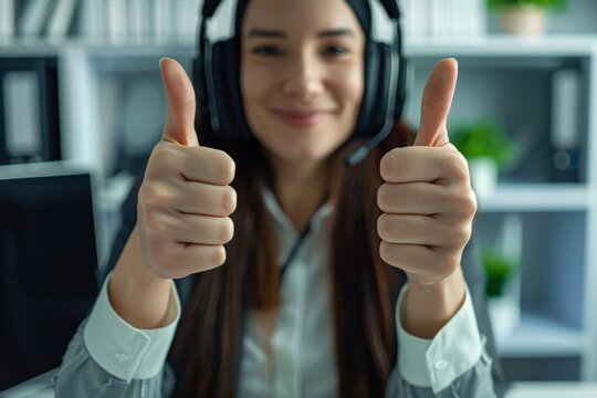 Female sales representative giving a thumbs up for success in a call center, showcasing positive customer service and satisfaction with the consultants performance