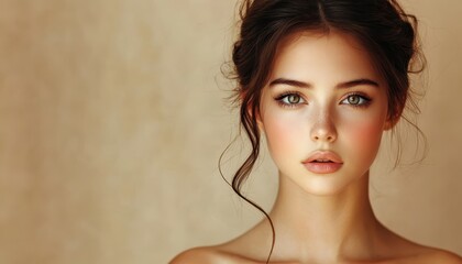 Naklejka premium A young woman with captivating eyes poses softly against a neutral backdrop