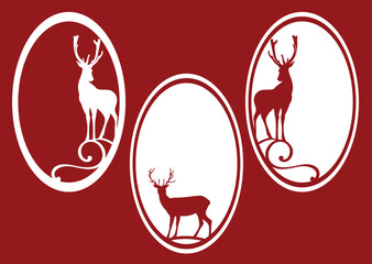 standing deer stag with festive new year or christmas copy space oval frame - monochrome vector silhouette design set
