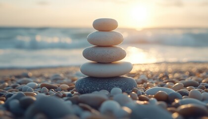 Balancing stones on the sandy beach at sunset near the gentle waves
