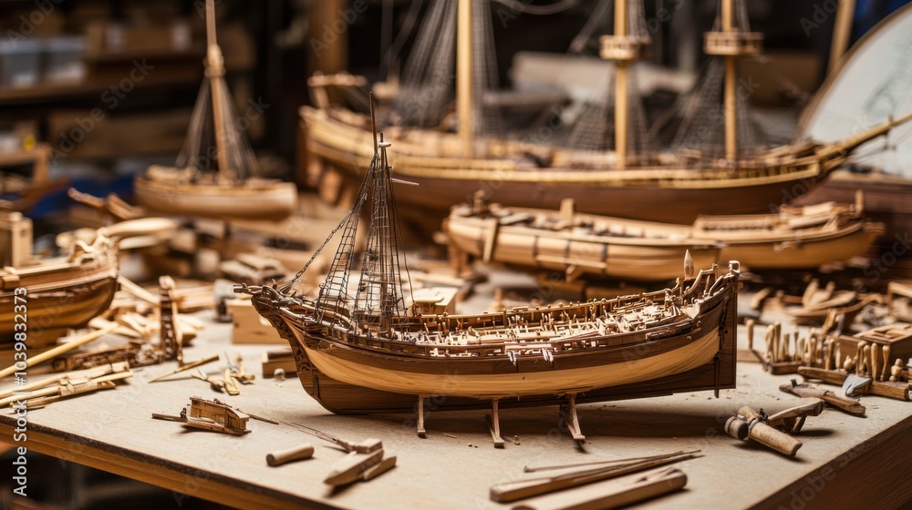 Poster an intricate model ship workshop with miniature tools, wooden ships in various stages of constructio