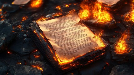 Burning Book in Flames on Black Rocks  Close Up