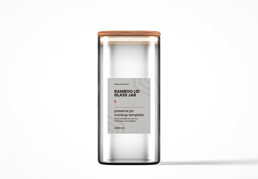 Clear Glass Rectangular Bamboo Lid Jar Mockup