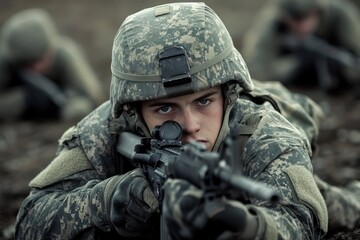 Fototapeta premium Soldier Training. Military Soldier in Combat Training at Boot Camp