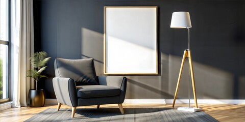 Bright Living Room with Grey Armchair, Floor Lamp, and Empty White Mockup Poster Frame