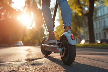 Woman riding on electric scooter on path in the park