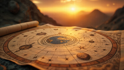 A mystical astrological map at sunset