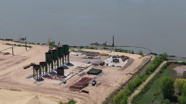 Aerial view of a sand processing plant along the banks of the Paran&aacute; Guaz&uacute; River near Z&aacute;rate, Argentina.