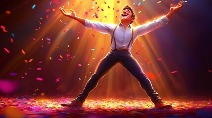 Man Celebrating Success with Confetti and Spotlight