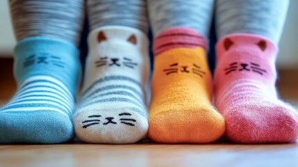 Colorful Cat Socks with Striped Pattern on Wooden Floor