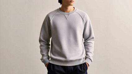 Naklejka premium gray sweater mockup, Mockup of a man wearing a plain gray sweater shirt isolated on skin background