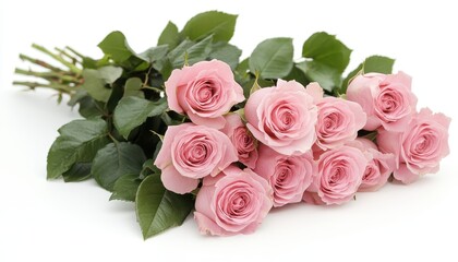 Beautiful bouquet of pink roses with green leaves on a white background