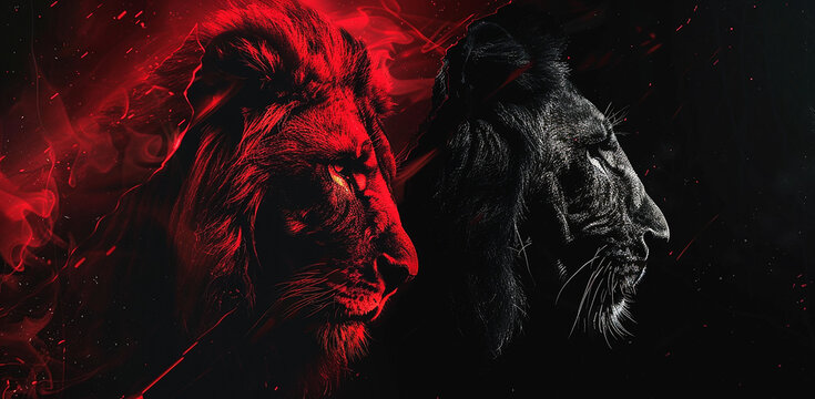 Black background, red glowing lion on half face and black lion on other side