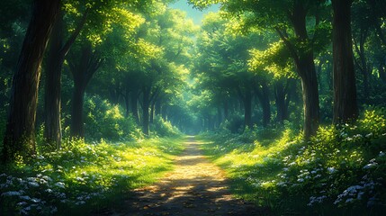 Obraz premium A sunlit path through a dense forest with lush greenery and wildflowers.