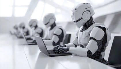 Naklejka premium Robots working collaboratively at white desks using laptops in a modern office