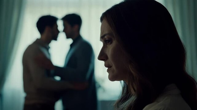 Portrait of a sad woman, in the background two gay men hugging and kissing. Concept of non-traditional orientation and lgbt. 