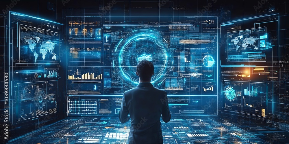 Poster a person standing in front of a large screen with data and graphs.