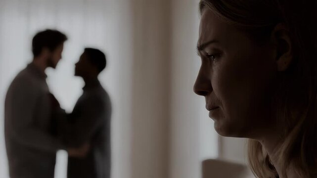 Portrait of a sad woman, in the background two gay men hugging and kissing. Concept of non-traditional orientation and lgbt. 