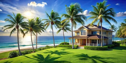 Obraz premium Serene Oceanic House with Palm Trees and Lush Lawn by the Atlantic Ocean â€“ Coastal Living, Beachfront Homes, Tranquil Retreats, Tropical Architecture, Nature Bliss, Ocean Views