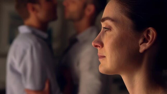 Portrait of a sad woman, in the background two gay men hugging and kissing. Concept of non-traditional orientation and lgbt. 