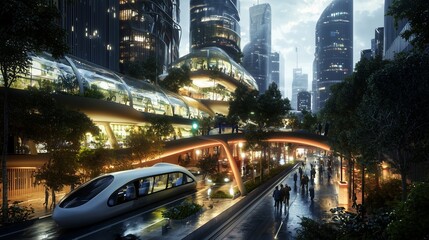 Fototapeta premium Futuristic cityscape with sleek smart transportation, green spaces, and modern architecture.