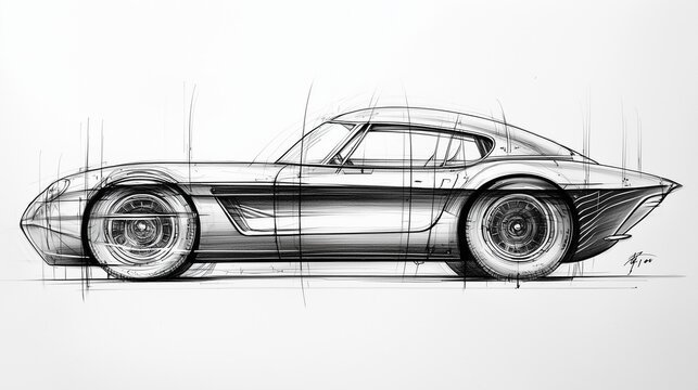 Sketch of a sleek car design, highlighting aerodynamic lines and innovative concepts.