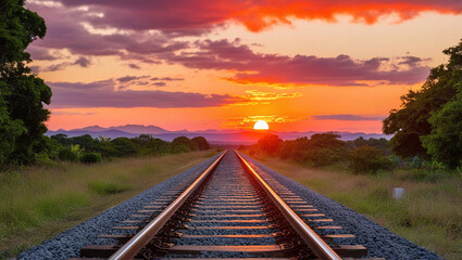 Obraz premium train track at sunset, photo of a train track crossing a landscape at sunset
